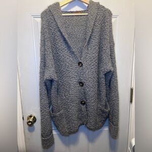 POL size L oversized Gray Fuzzy Hooded pocket Cardigan sweater Cabincore Gorp